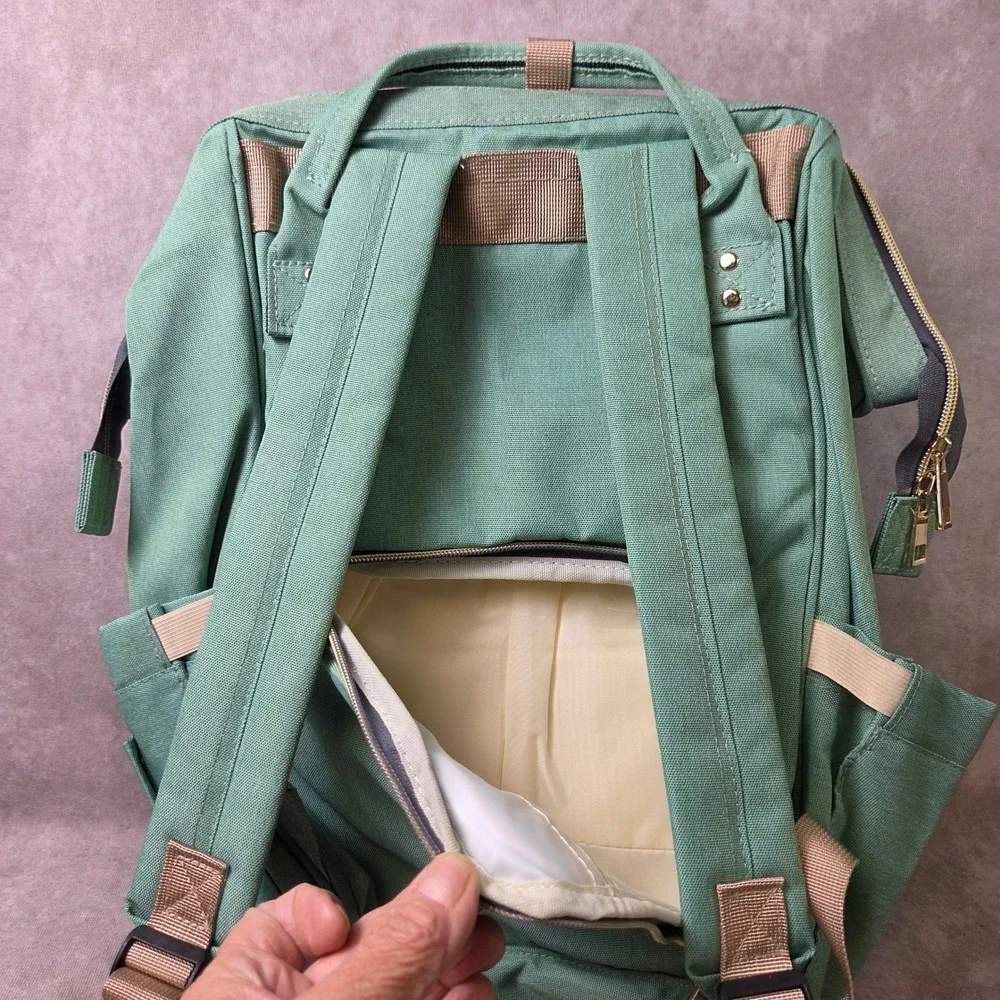 Taylor'd Baby Diaper Bag Backpack Green Canvas Travel Organizer Gold Hardware